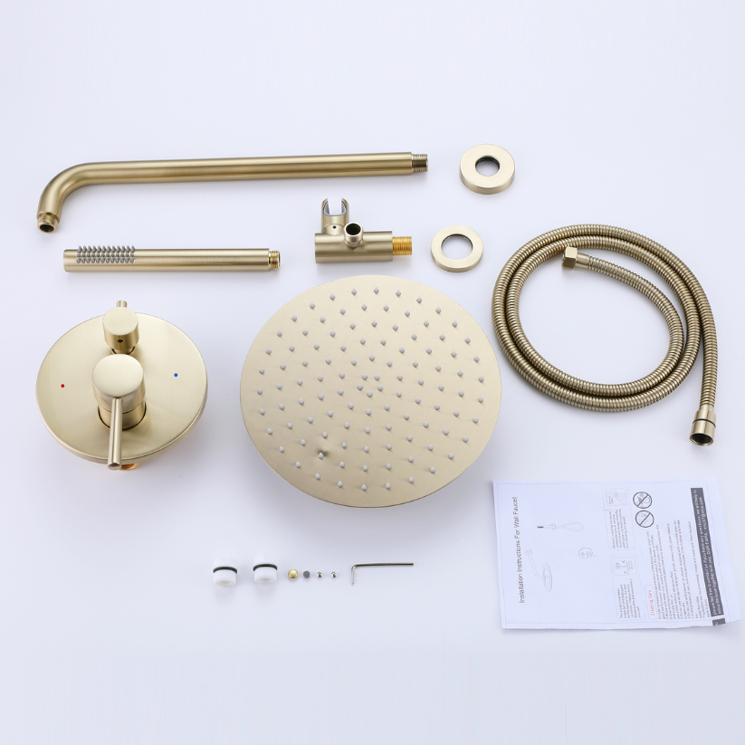 Inbouw Regendoucheset Vincent – Staafhanddouche – Geborsteld goud - Incl. inbouwdeel