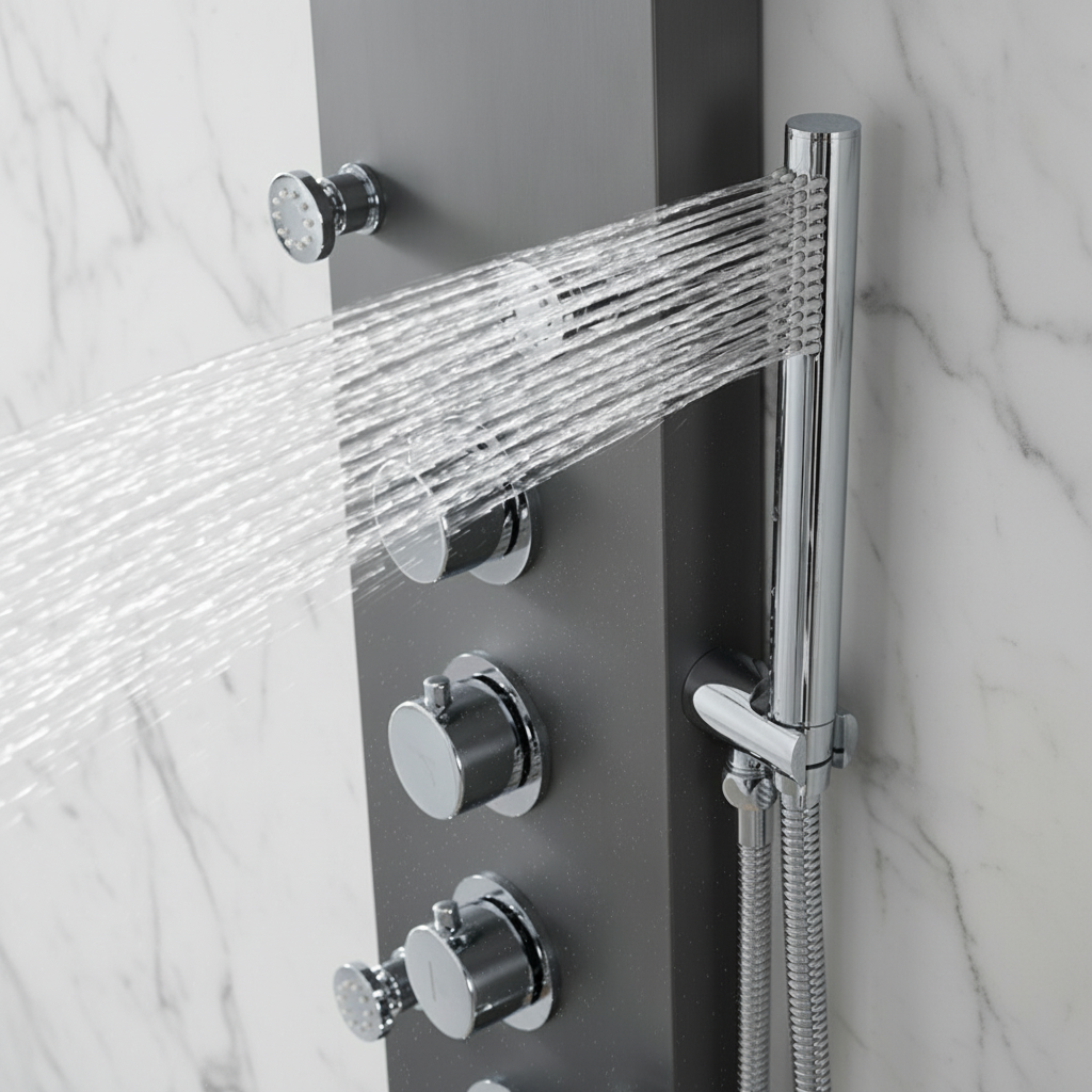 Douchepaneel Manuel – Waterval – Massagejets – Gunmetal grey, Chroom - 150 × 20 × 60 cm