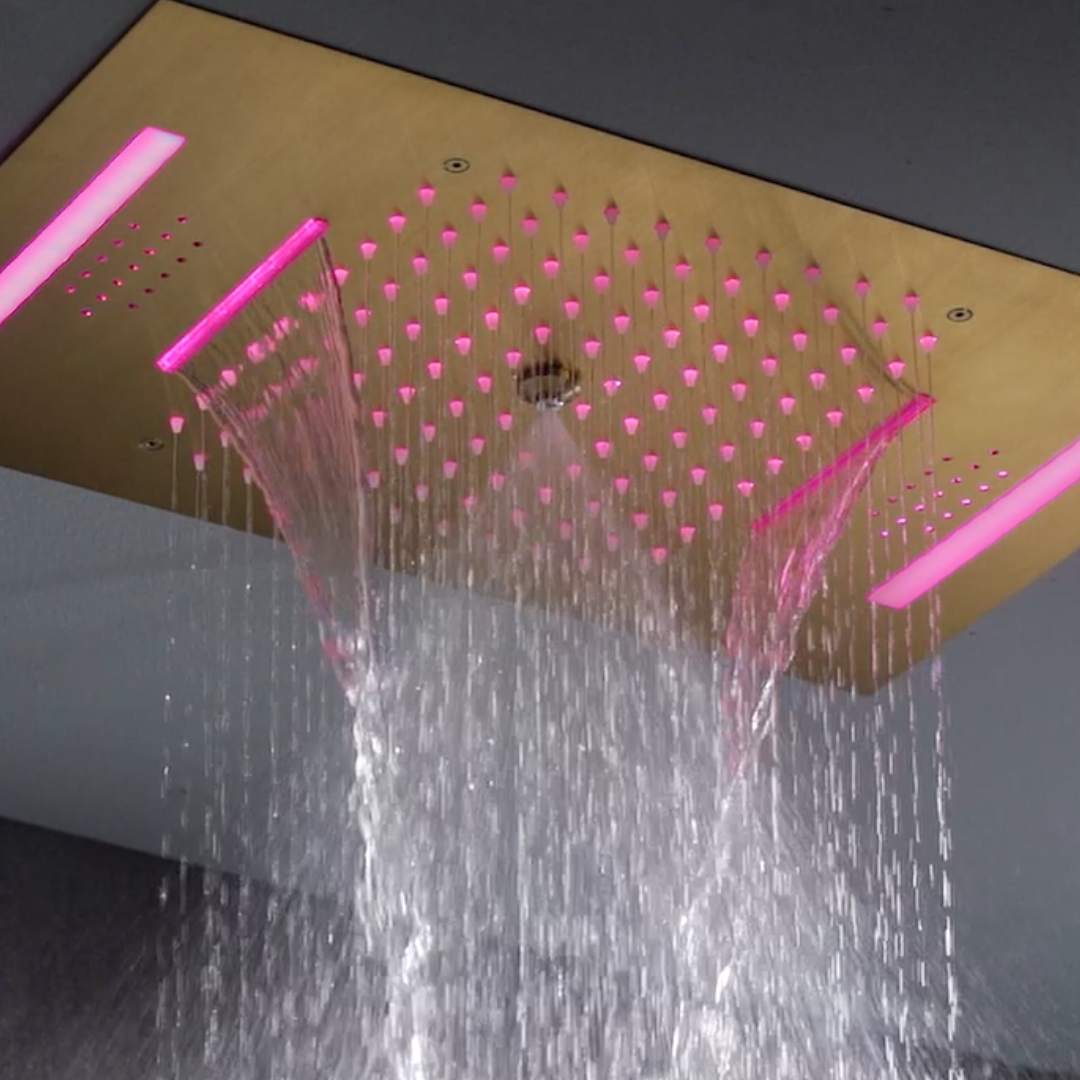 5-in-1 Thermostatische Inbouw Regendoucheset Julia – Bluetooth & Speakers – LED Verlichting – Massagejets - Geborsteld goud - Incl. inbouwdeel