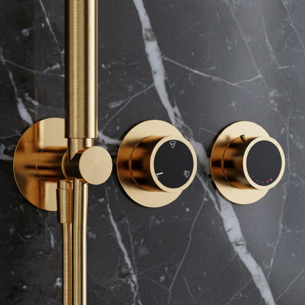 Thermostatische Inbouw Regendoucheset Marino – Digitale Regeling - Waterval & Staafhanddouche – Geborsteld goud - Incl. inbouwdeel