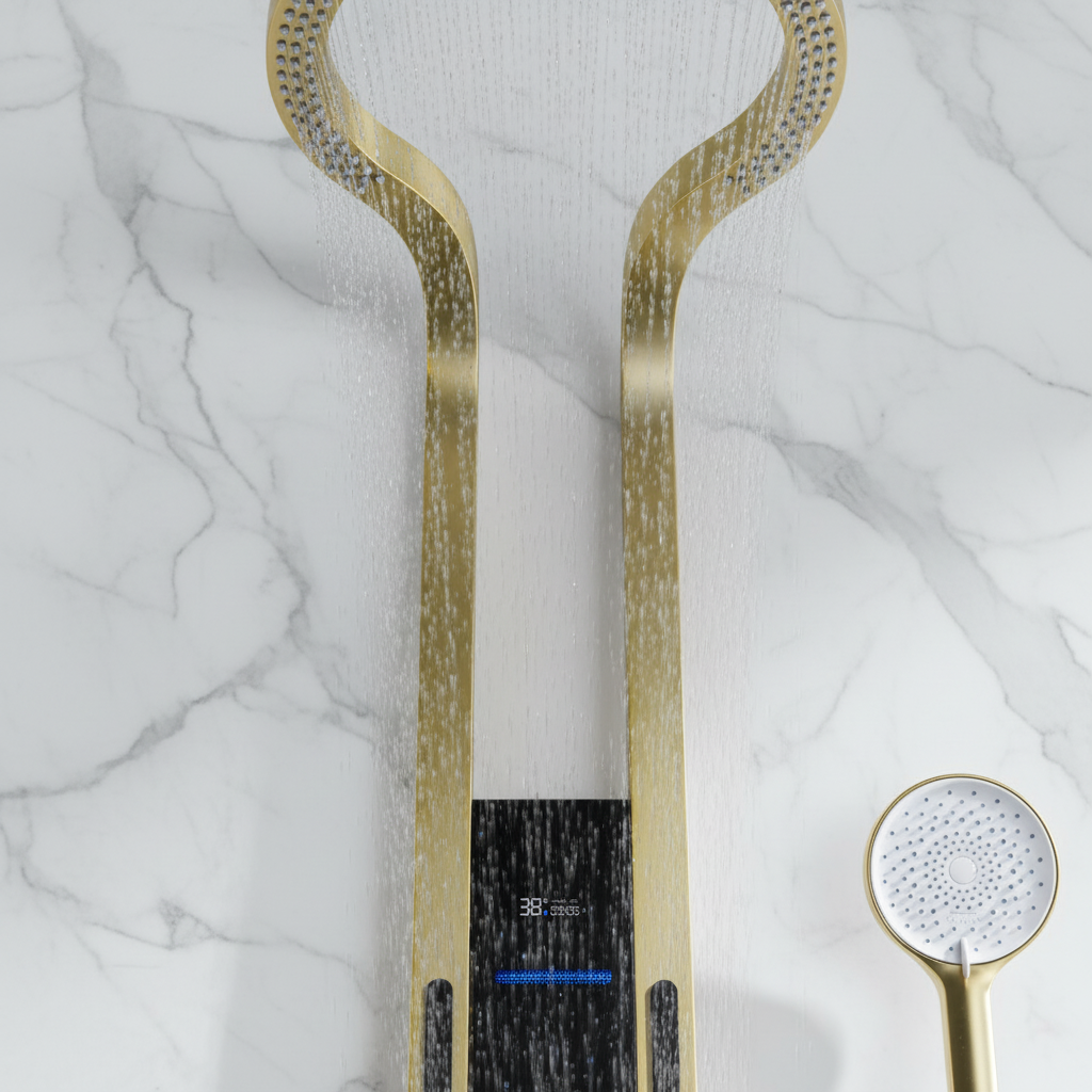 Thermostatisch Douchepaneel Marcelo – Digitale Display - Geborsteld goud - 182 × 40 × 52 cm