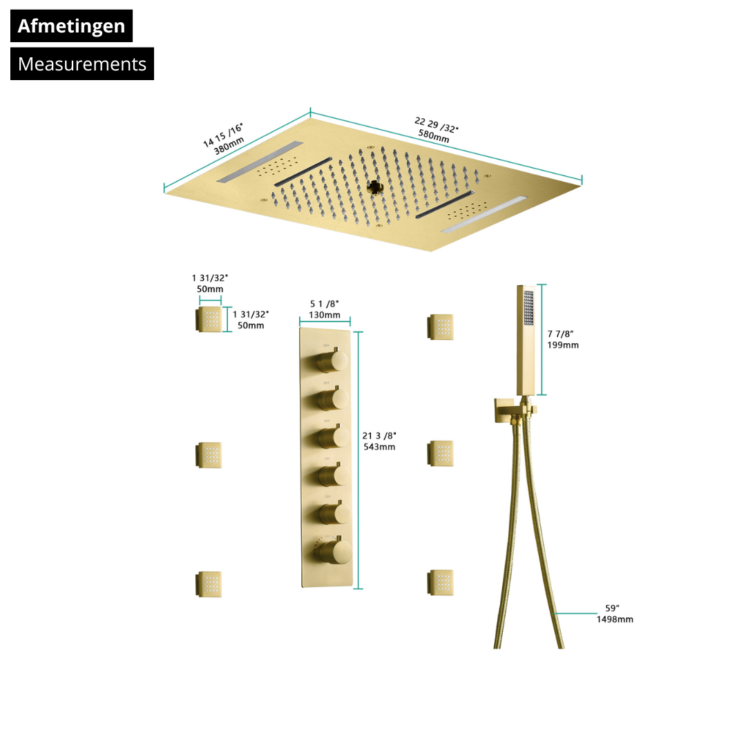 5-in-1 Thermostatische Inbouw Regendoucheset Julia – Bluetooth & Speakers – LED Verlichting – Massagejets - Geborsteld goud - Incl. inbouwdeel
