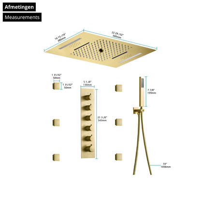 5-in-1 Thermostatische Inbouw Regendoucheset Julia – Bluetooth & Speakers – LED Verlichting – Massagejets - Geborsteld goud - Incl. inbouwdeel