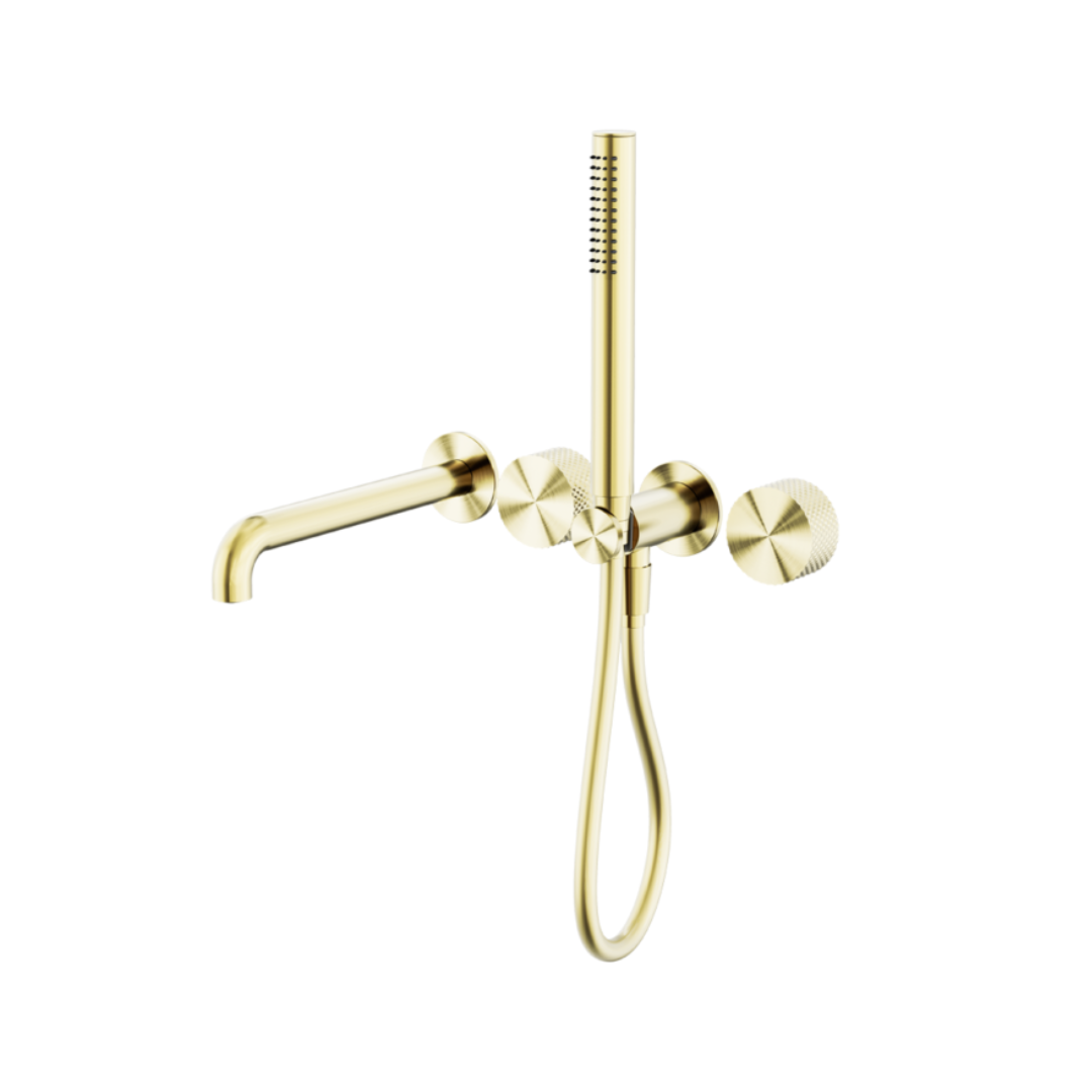 Inbouw badmengkraan Valencia - Staafhanddouche en uitloop - Zonder achterplaat - Brushed gold