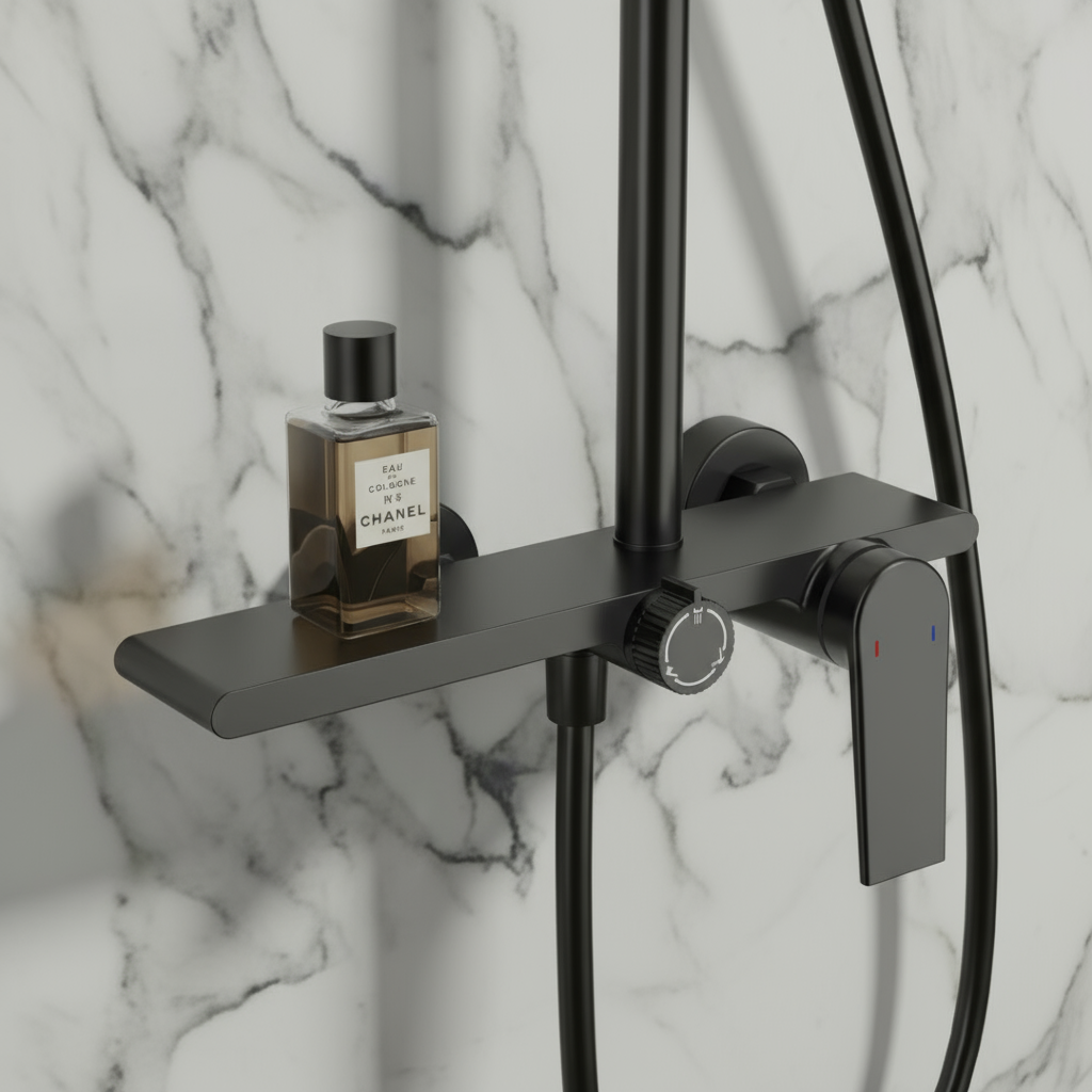 Opbouw regendoucheset Cynthia - Mat zwart - 130 × 35 × 25 cm