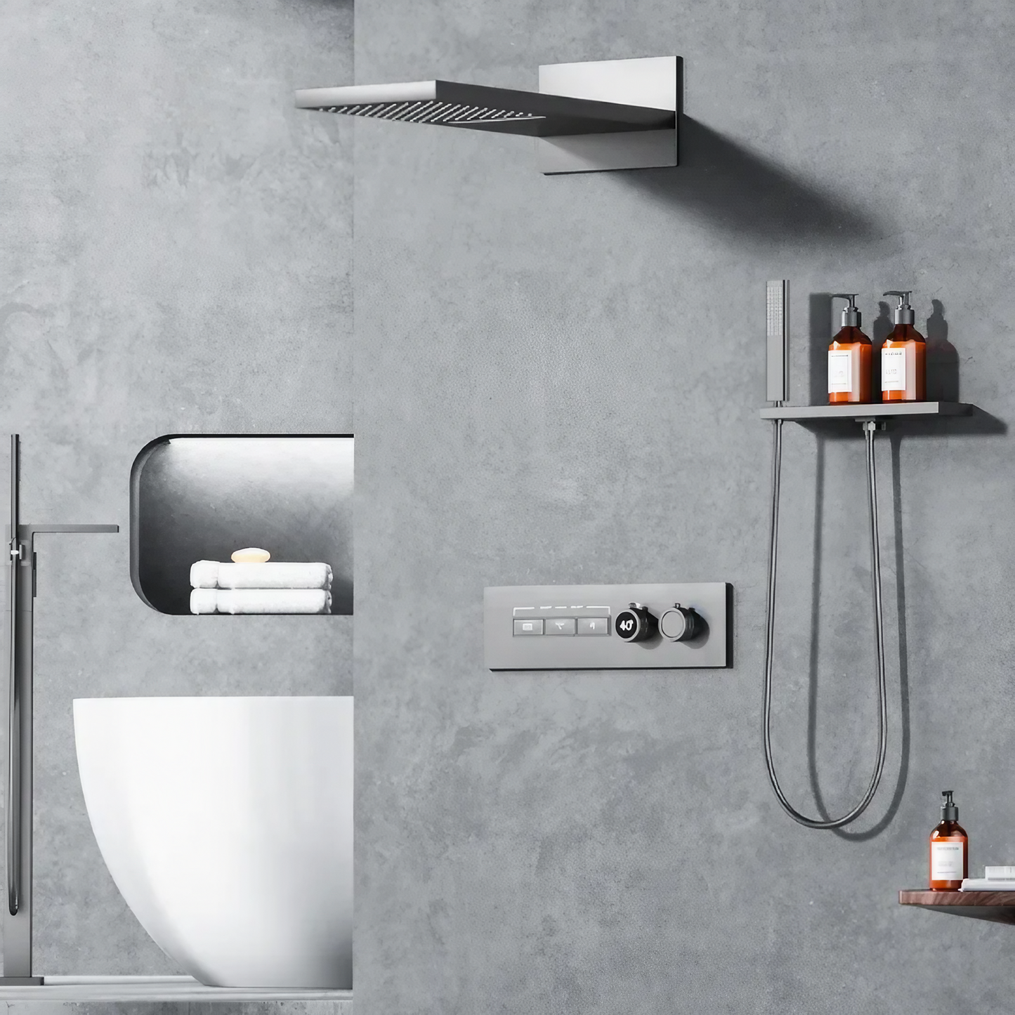 Thermostatisch Inbouw Regendoucheset - Isabella - Gun Grey - Met Digitaal Display - Waterval