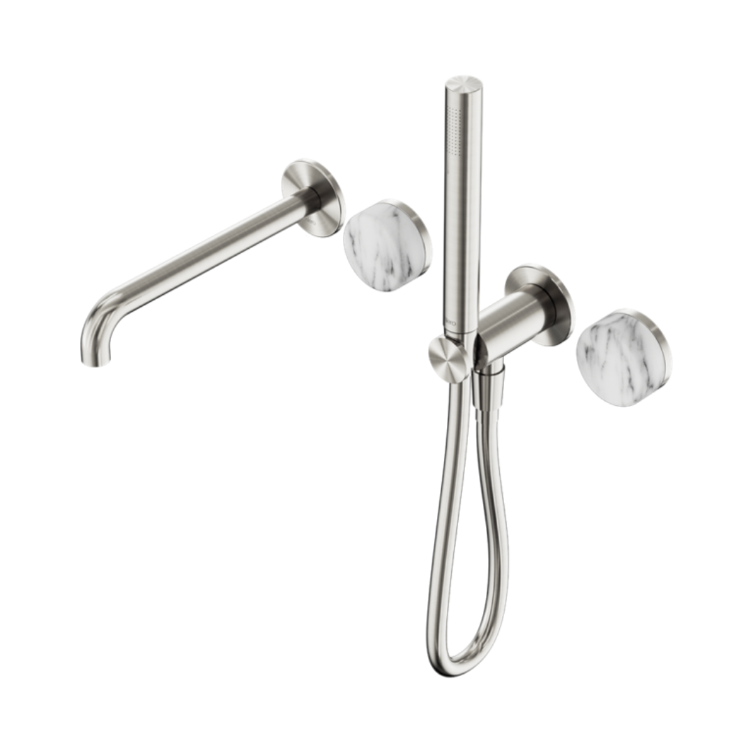 Inbouw badmengkraan Sorrento - Arabescato Corchia - Staafhanddouche en uitloop - Zonder achterplaat - Brushed nickel