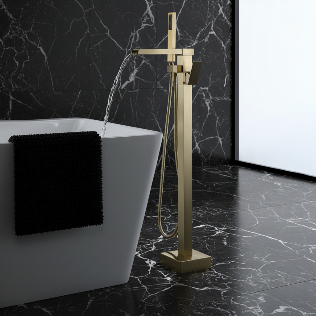 Vrijstaande Badkraan Lisandro – Watervaluitloop – Geborsteld goud - 87 × 22 × 15 cm