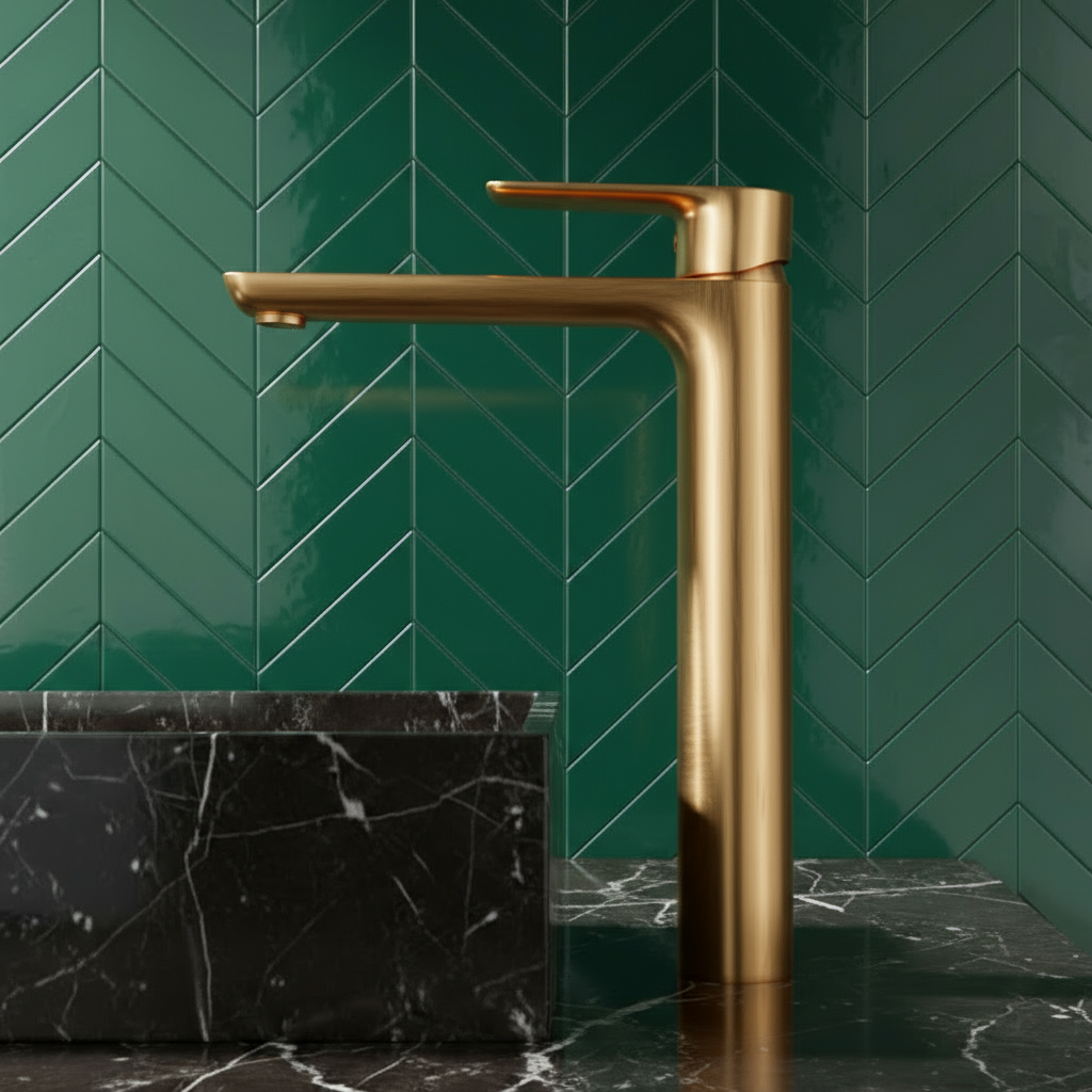 Hoge wastafelkraan  – Silvio – Geborsteld goud - 31,5 × 19 × 4,5 cm