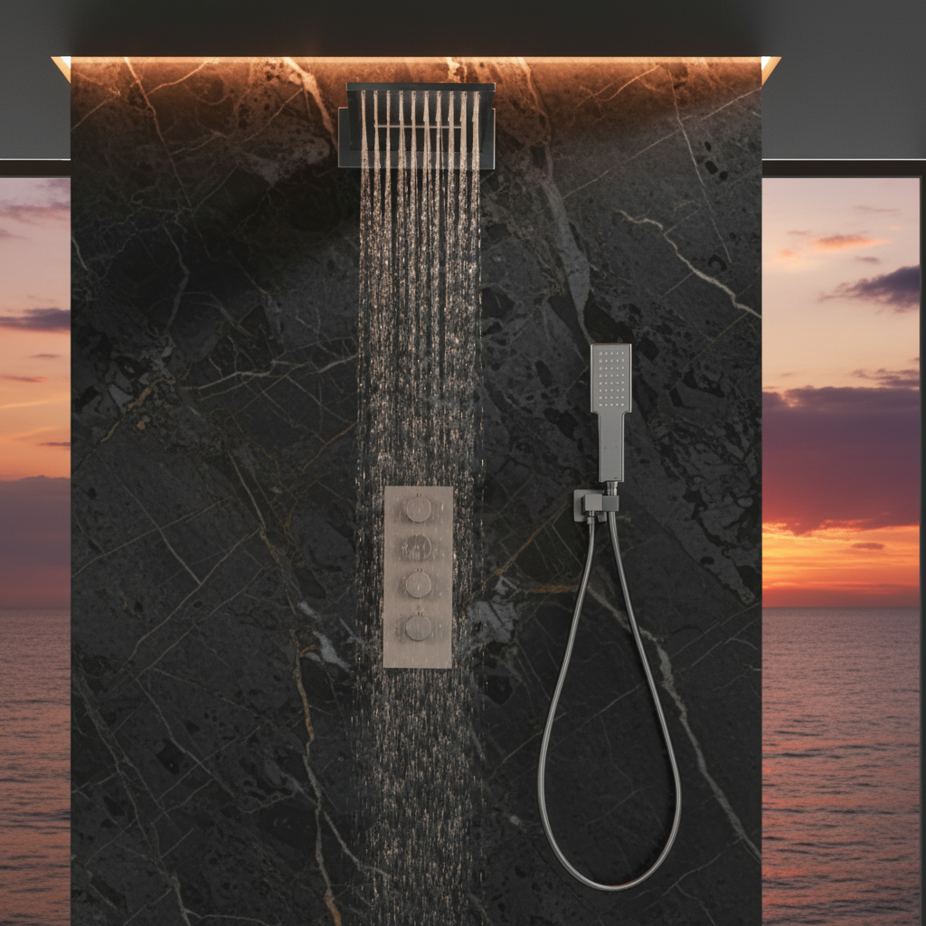 Thermostatische Inbouw Regendoucheset Isabella - Waterval - Gunmetal grey - Incl. inbouwdeel