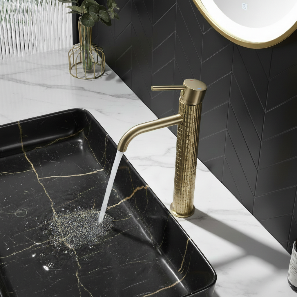 Hoge wastafelkraan Angelica - Geborsteld goud - 30,5 × 5,5 × 19 cm