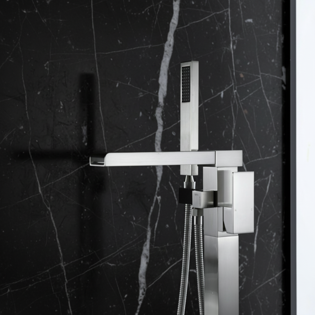 Vrijstaande Badkraan Lisandro – Watervaluitloop – Geborsteld nikkel - 87 × 22 × 15 cm