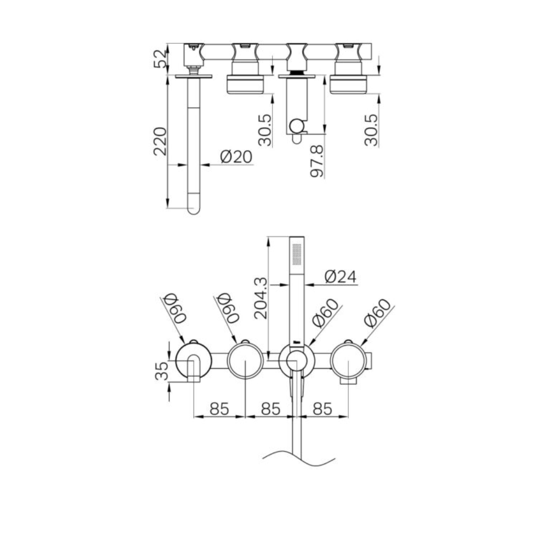 Inbouw badmengkraan Sorrento - Carrara - Staafhanddouche en uitloop - Zonder achterplaat - Brushed gold