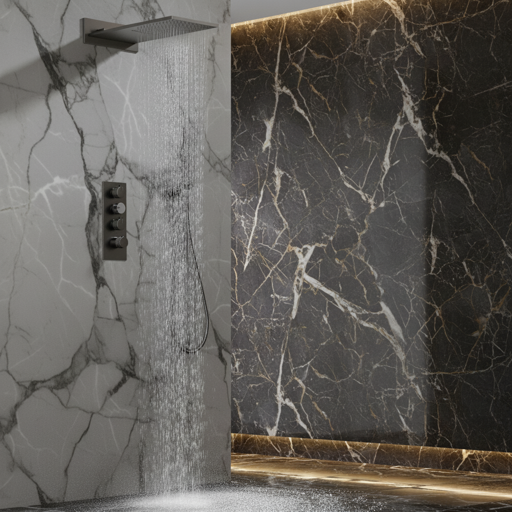 Thermostatische Inbouw Regendoucheset Isabella - Waterval - Gunmetal grey - Incl. inbouwdeel