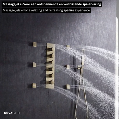 5-in-1 Thermostatische Inbouw Regendoucheset Julia – Bluetooth & Speakers – LED Verlichting – Massagejets - Geborsteld goud - Incl. inbouwdeel