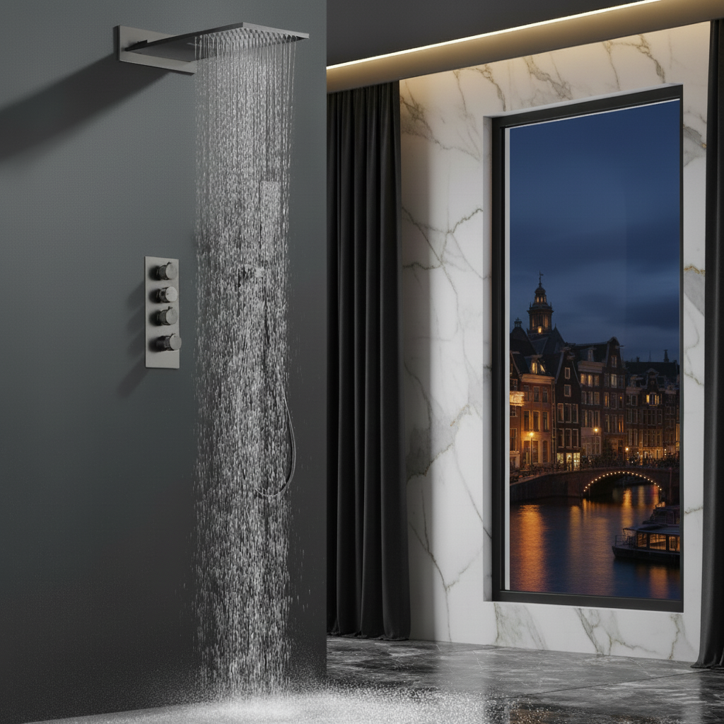 Thermostatische Inbouw Regendoucheset Isabella - Waterval - Gunmetal grey - Incl. inbouwdeel
