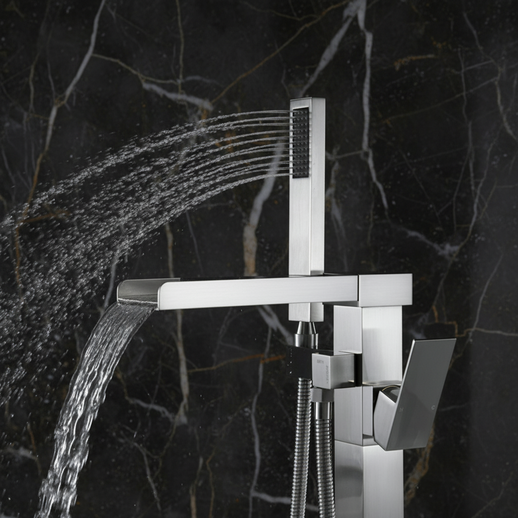 Vrijstaande Badkraan Lisandro – Watervaluitloop – Geborsteld nikkel - 87 × 22 × 15 cm