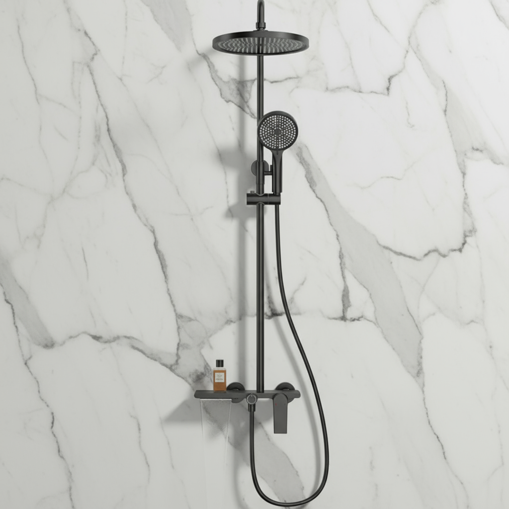 Opbouw regendoucheset Cynthia - Mat zwart - 130 × 35 × 25 cm