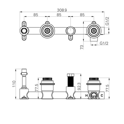 Inbouw badmengkraan Sorrento - Carrara - Staafhanddouche en uitloop - Zonder achterplaat - Brushed gold