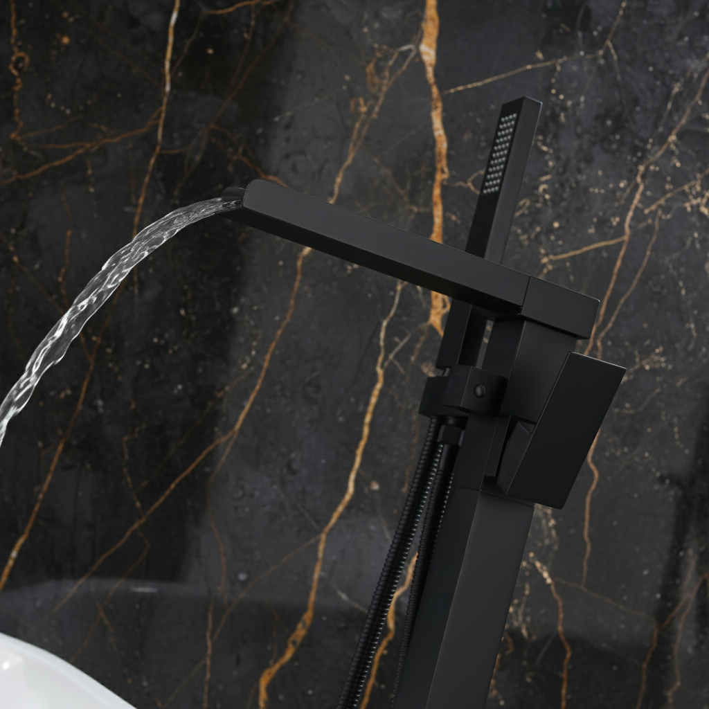 Vrijstaande Badkraan Lisandro – Watervaluitloop – Mat zwart - 87 × 22 × 15 cm