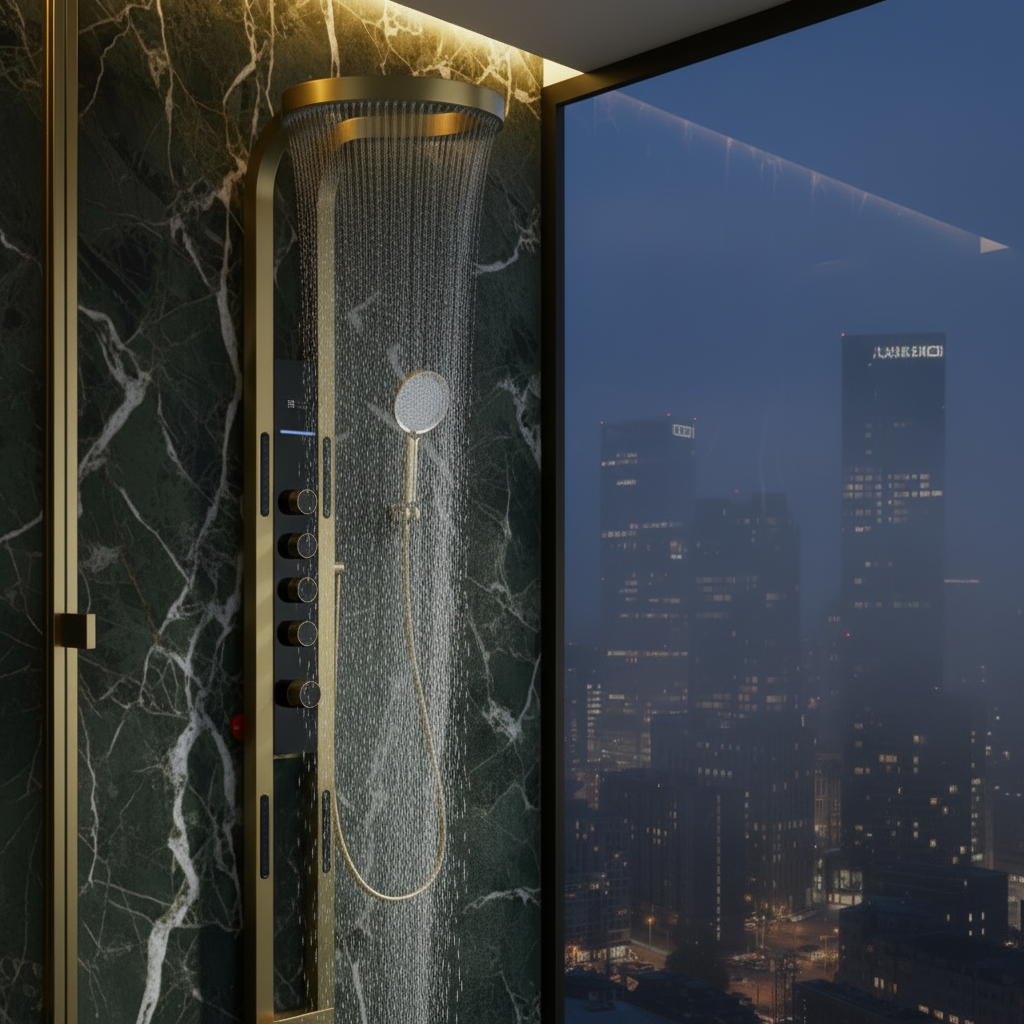 Thermostatisch Douchepaneel Marcelo – Digitale Display - Geborsteld goud - 182 × 40 × 52 cm