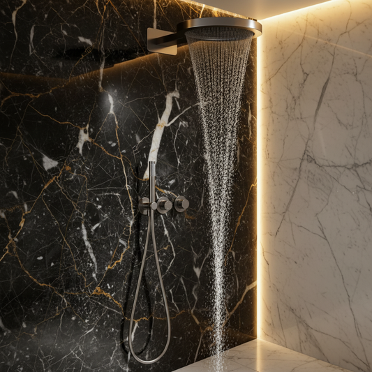 Thermostatische Inbouw Regendoucheset Marino – Digitale display - Waterval & Staafhanddouche – Chroom - Incl. inbouwdeel