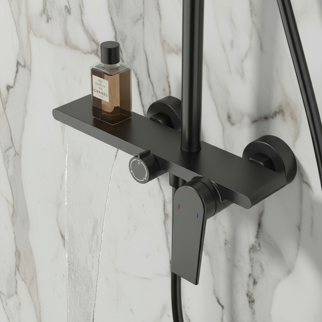 Opbouw regendoucheset Cynthia - Mat zwart - 130 × 35 × 25 cm