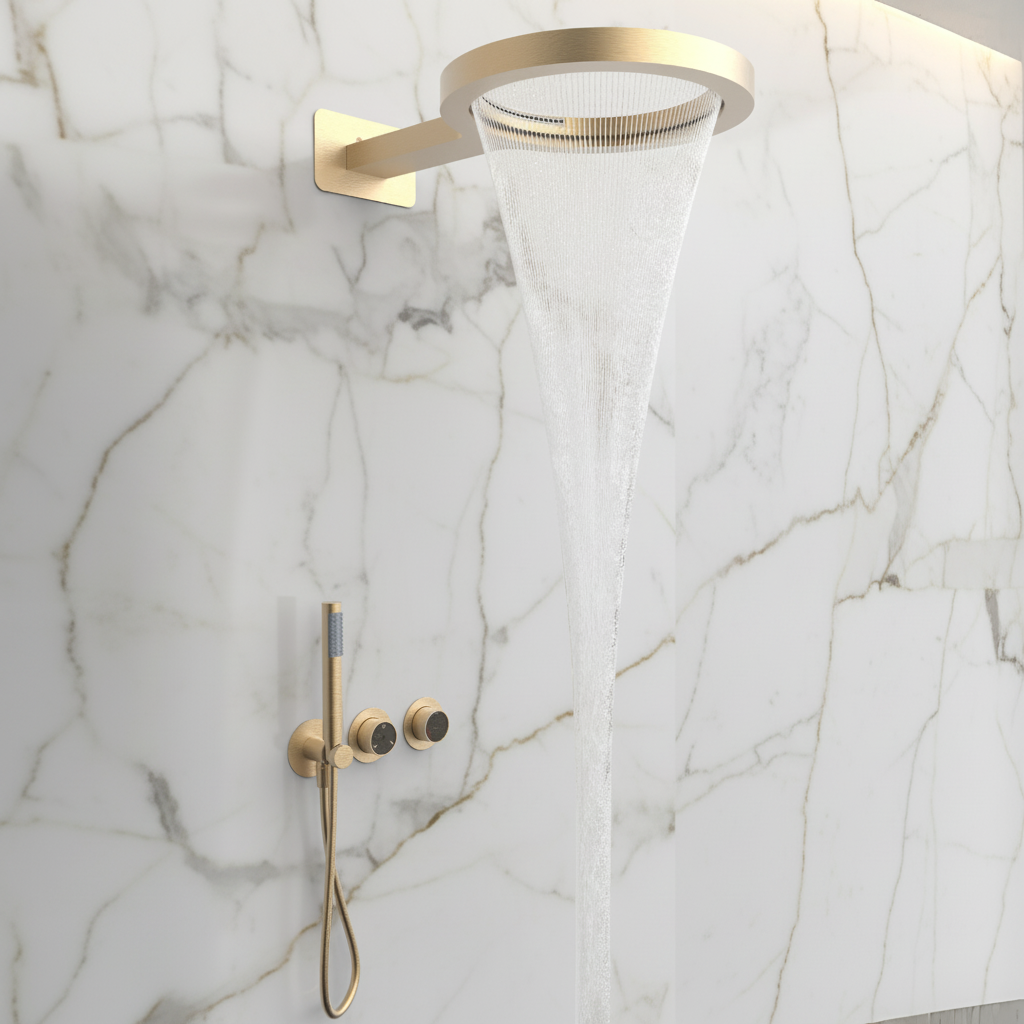 Thermostatische Inbouw Regendoucheset Marino – Digitale Regeling - Waterval & Staafhanddouche – Geborsteld goud - Incl. inbouwdeel