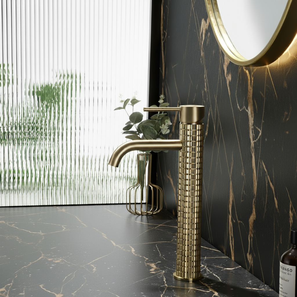 Hoge wastafelkraan Angelica - Geborsteld goud - 30,5 × 5,5 × 19 cm