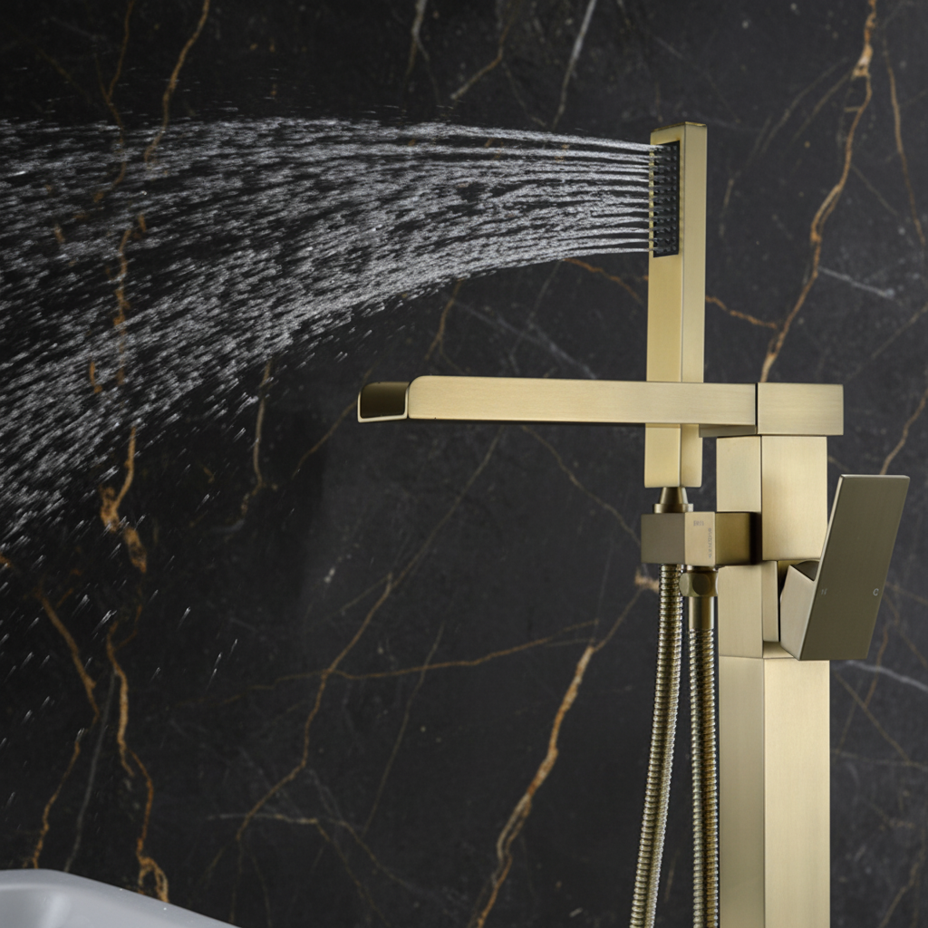 Vrijstaande Badkraan Lisandro – Watervaluitloop – Geborsteld goud - 87 × 22 × 15 cm