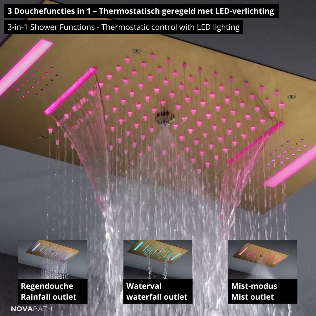 5-in-1 Thermostatische Inbouw Regendoucheset Julia – Bluetooth & Speakers – LED Verlichting – Massagejets - Geborsteld goud - Incl. inbouwdeel