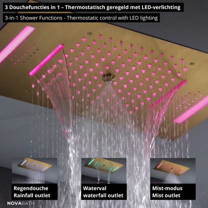 5-in-1 Thermostatische Inbouw Regendoucheset Julia – Bluetooth & Speakers – LED Verlichting – Massagejets - Geborsteld goud - Incl. inbouwdeel