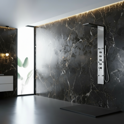 Douchepaneel Manuel – Waterval – Massagejets – Geborsteld nikkel - 150 × 20 × 60 cm