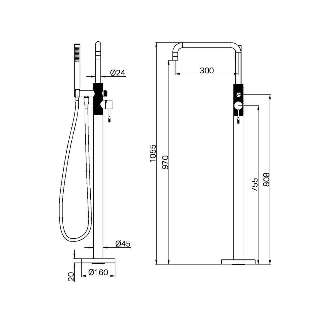Vrijstaande badmengkraan Valencia - Staafhanddouche - Brushed nickel