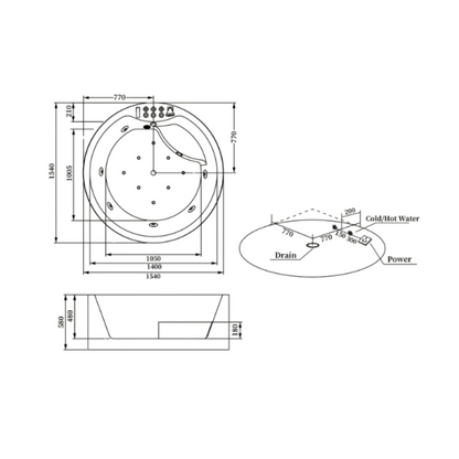 Vrijstaand Rond Massagebad – Amalfi – Glans Wit – 154x154x58 cm