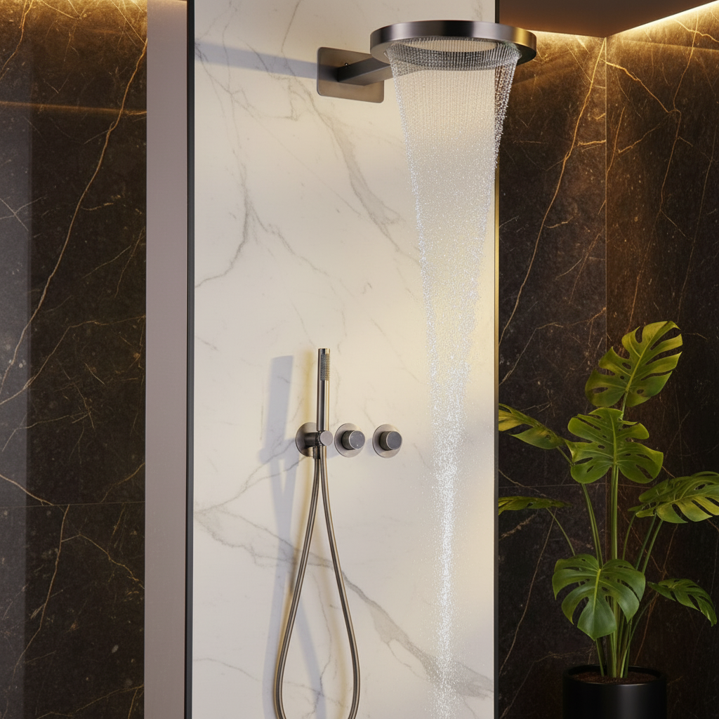 Thermostatische Inbouw Regendoucheset Marino – Digitale display - Waterval & Staafhanddouche – Gunmetal Grey - Incl. inbouwdeel