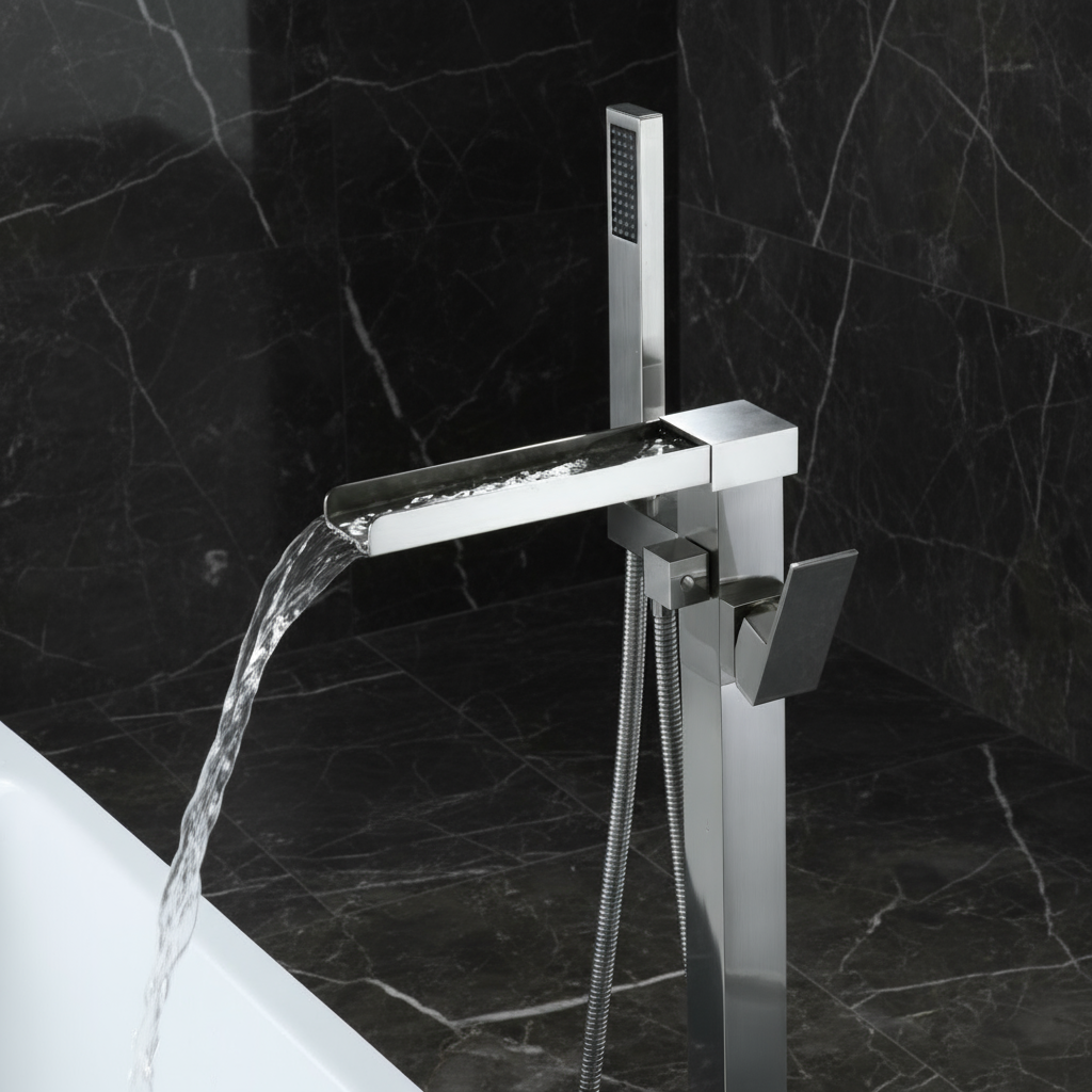 Vrijstaande Badkraan Lisandro – Watervaluitloop – Geborsteld nikkel - 87 × 22 × 15 cm