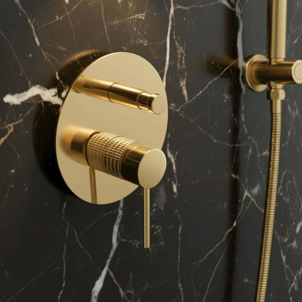 Inbouw Regendoucheset Angelica – Staafhanddouche – Geborsteld goud - Incl. inbouwdeel