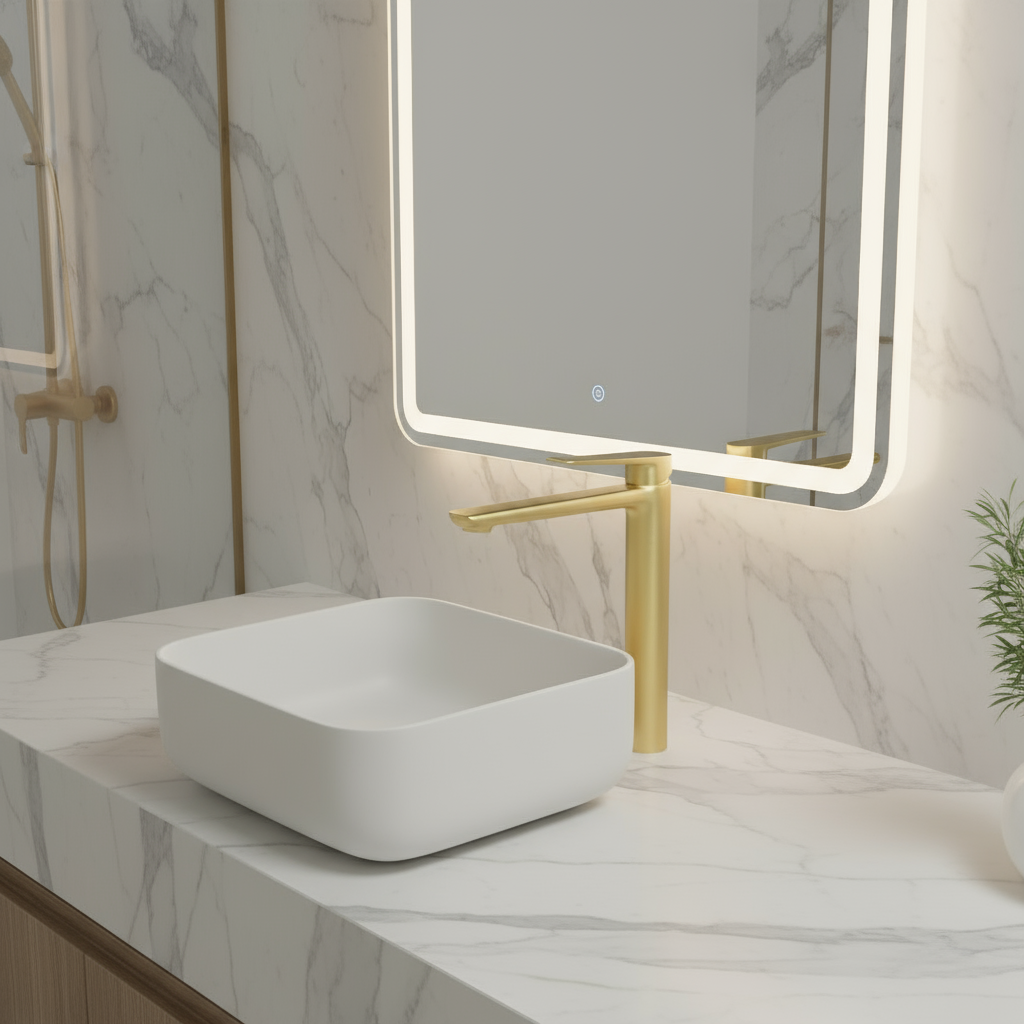 Hoge wastafelkraan Diego  – Geborsteld goud - 27,5 × 16,6 × 22,3 cm