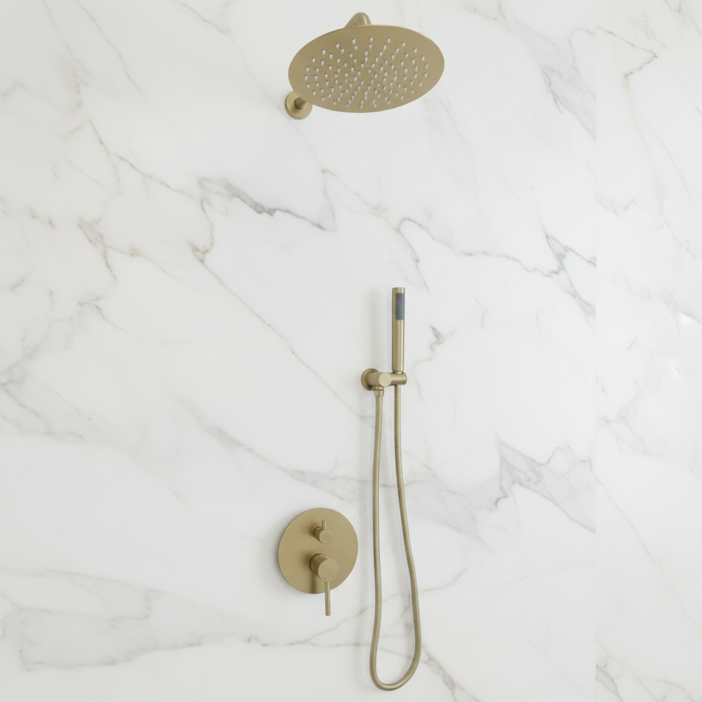 Inbouw Regendoucheset Angelica – Staafhanddouche – Geborsteld goud - Incl. inbouwdeel