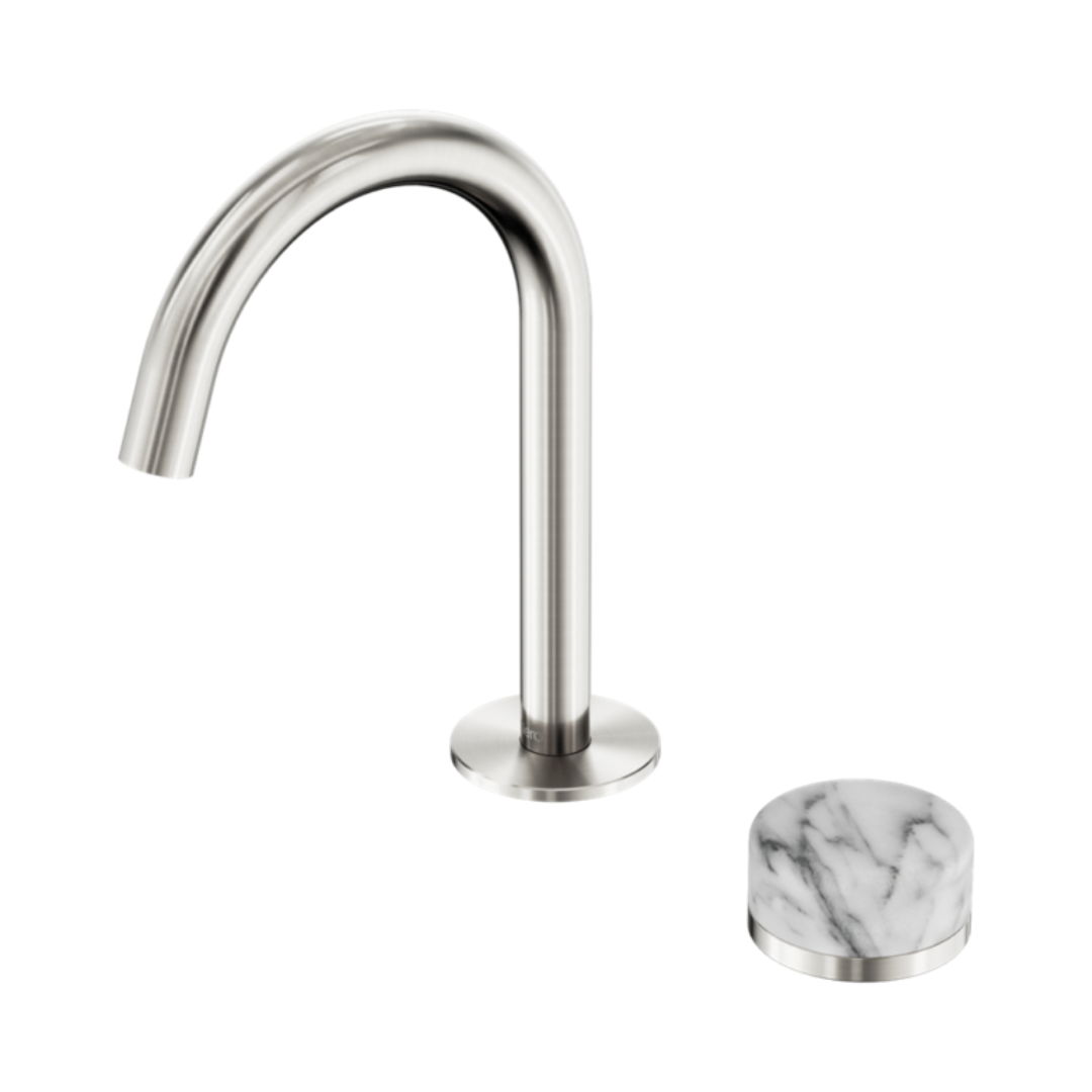 Inbouw Wastafelkraan Sorrento – Arabescato Corchia - 2-Gats - Gebogen (arc) uitloop - Brushed nickel